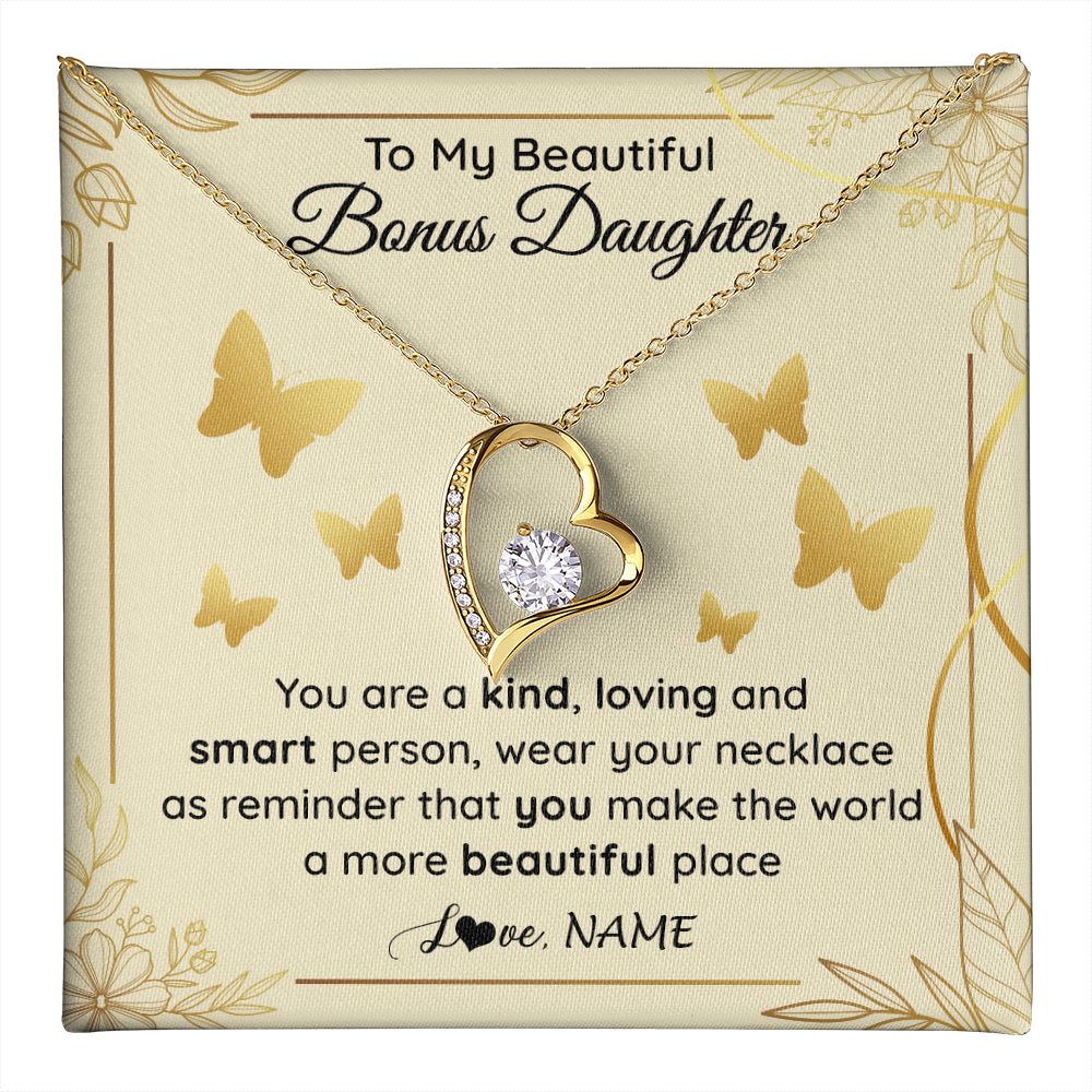 Forever Love Necklace 18K Yellow Gold Finish | 1 | Personalized To My Beautiful Bonus Daughter Necklace From Stepmom You Are A Kind Loving Stepddaughter Birthday Gifts Christmas Customized Gift Box Message Card | teecentury