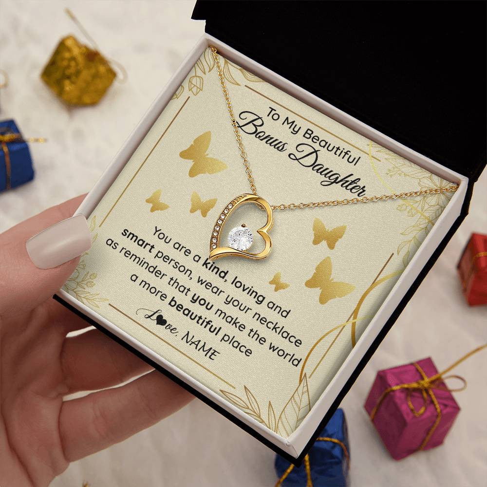 Forever Love Necklace 18K Yellow Gold Finish | 2 | Personalized To My Beautiful Bonus Daughter Necklace From Stepmom You Are A Kind Loving Stepddaughter Birthday Gifts Christmas Customized Gift Box Message Card | teecentury