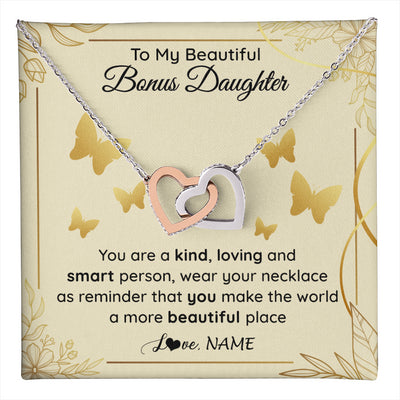 Interlocking Hearts Necklace Stainless Steel & Rose Gold Finish | 1 | Personalized To My Beautiful Bonus Daughter Necklace From Stepmom You Are A Kind Loving Stepddaughter Birthday Gifts Christmas Customized Gift Box Message Card | teecentury
