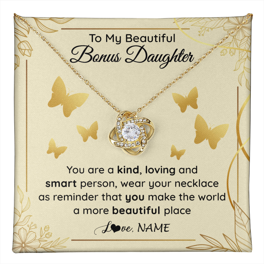 Love Knot Necklace 18K Yellow Gold Finish | 1 | Personalized To My Beautiful Bonus Daughter Necklace From Stepmom You Are A Kind Loving Stepddaughter Birthday Gifts Christmas Customized Gift Box Message Card | teecentury