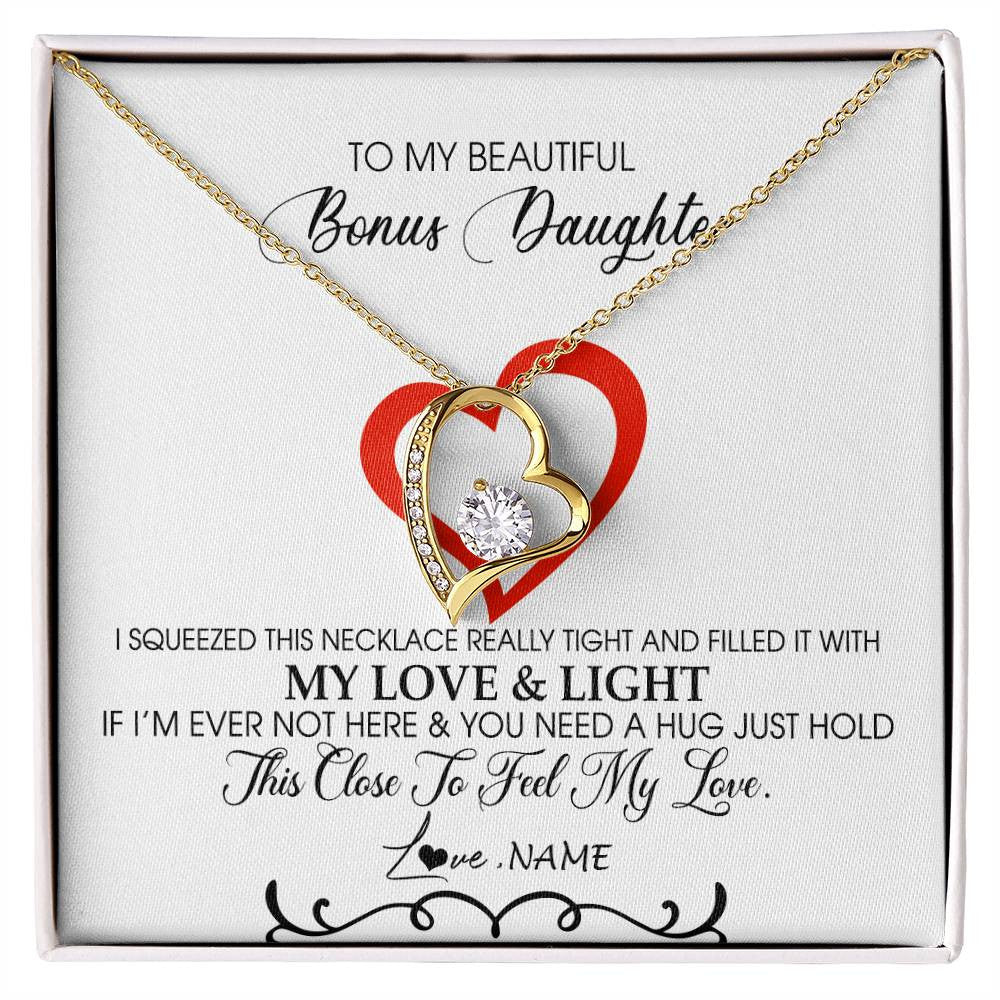 Forever Love Necklace 18K Yellow Gold Finish | Personalized To My Beautiful Bonus Daughter Necklace From Stepmother Filled With My Love and Light Stepdaughter Birthday Christmas Customized Message Card | teecentury