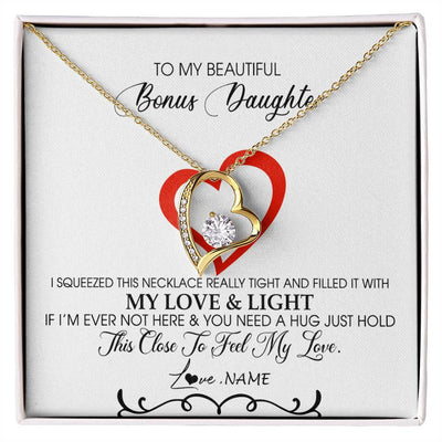 Forever Love Necklace 18K Yellow Gold Finish | Personalized To My Beautiful Bonus Daughter Necklace From Stepmother Filled With My Love and Light Stepdaughter Birthday Christmas Customized Message Card | teecentury