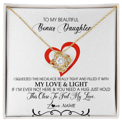 Love Knot Necklace 18K Yellow Gold Finish | Personalized To My Beautiful Bonus Daughter Necklace From Stepmother Filled With My Love and Light Stepdaughter Birthday Christmas Customized Message Card | teecentury