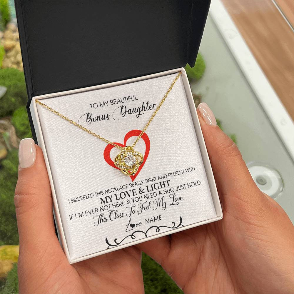 Love Knot Necklace 18K Yellow Gold Finish | Personalized To My Beautiful Bonus Daughter Necklace From Stepmother Filled With My Love and Light Stepdaughter Birthday Christmas Customized Message Card | teecentury