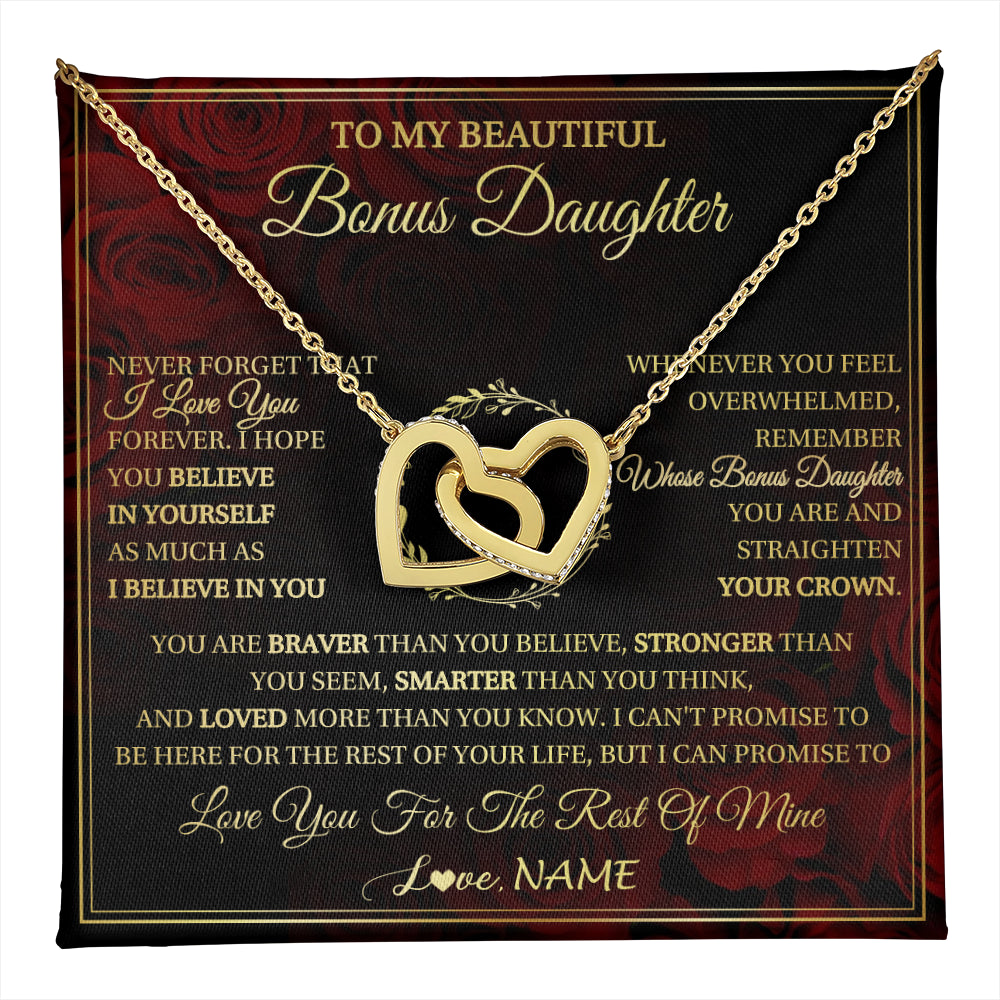 Interlocking Hearts Necklace 18K Yellow Gold Finish | 1 | Personalized To My Beautiful Bonus Daughter Necklace Gift From Stepmom Dad I Love You Bonus Daughter Birthday Gifts Christmas Customized Gift Box Message Card | teecentury