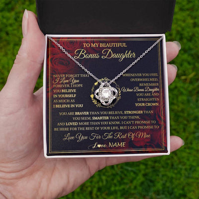 Love Knot Necklace 14K White Gold Finish | 2 | Personalized To My Beautiful Bonus Daughter Necklace Gift From Stepmom Dad I Love You Bonus Daughter Birthday Gifts Christmas Customized Gift Box Message Card | teecentury