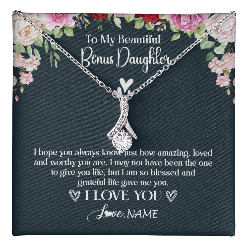 Alluring Beauty Necklace 14K White Gold Finish | 1 | Personalized To My Beautiful Bonus Daughter Necklace I Love You Birthday Gifts Unbiological Daughter Stepdaughter Christmas Customized Gift Box Message Card | teecentury