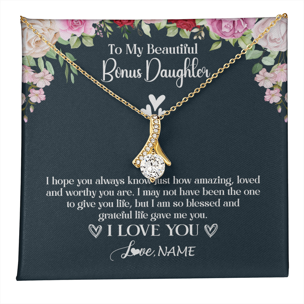 Alluring Beauty Necklace 18K Yellow Gold Finish | 1 | Personalized To My Beautiful Bonus Daughter Necklace I Love You Birthday Gifts Unbiological Daughter Stepdaughter Christmas Customized Gift Box Message Card | teecentury