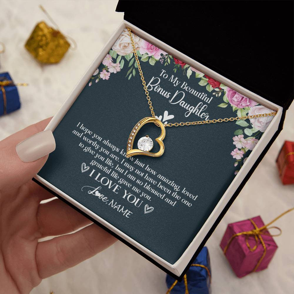 Forever Love Necklace 18K Yellow Gold Finish | 2 | Personalized To My Beautiful Bonus Daughter Necklace I Love You Birthday Gifts Unbiological Daughter Stepdaughter Christmas Customized Gift Box Message Card | teecentury