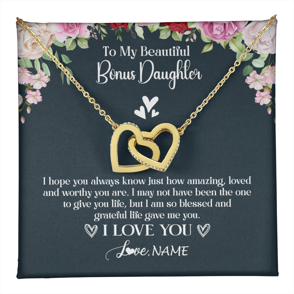Interlocking Hearts Necklace 18K Yellow Gold Finish | 1 | Personalized To My Beautiful Bonus Daughter Necklace I Love You Birthday Gifts Unbiological Daughter Stepdaughter Christmas Customized Gift Box Message Card | teecentury