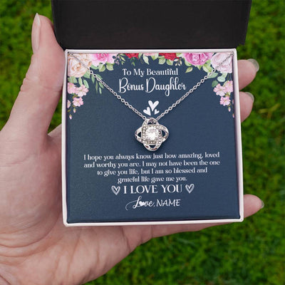 Love Knot Necklace 14K White Gold Finish | 2 | Personalized To My Beautiful Bonus Daughter Necklace I Love You Birthday Gifts Unbiological Daughter Stepdaughter Christmas Customized Gift Box Message Card | teecentury