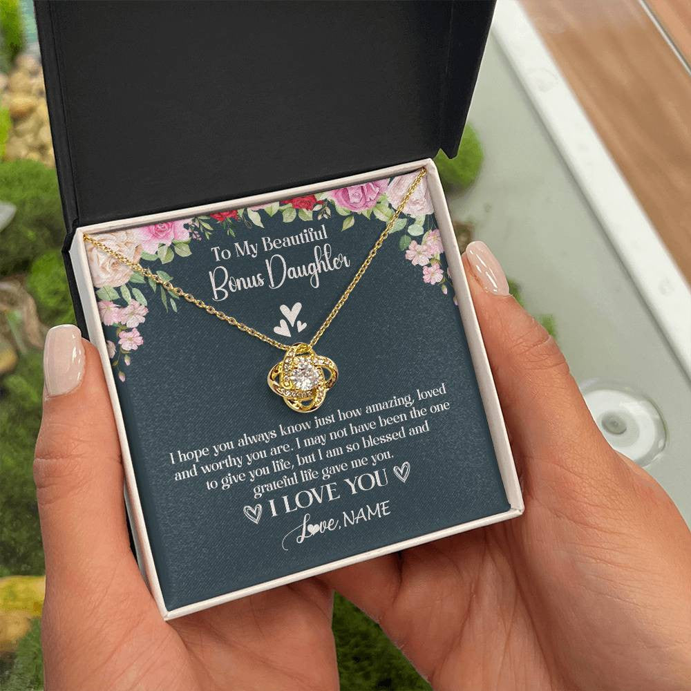 Love Knot Necklace 18K Yellow Gold Finish | 2 | Personalized To My Beautiful Bonus Daughter Necklace I Love You Birthday Gifts Unbiological Daughter Stepdaughter Christmas Customized Gift Box Message Card | teecentury