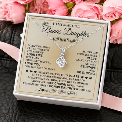 Alluring Beauty Necklace 14K White Gold Finish | 2 | Personalized To My Beautiful Bonus Daughter Necklace Jewelry Present For Women Stepddaughter Birthday Mother's Day Wedding Day Christmas Gift Box Message Card | teecentury