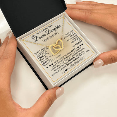 Interlocking Hearts Necklace 18K Yellow Gold Finish | 2 | Personalized To My Beautiful Bonus Daughter Necklace Jewelry Present For Women Stepddaughter Birthday Mother's Day Wedding Day Christmas Gift Box Message Card | teecentury