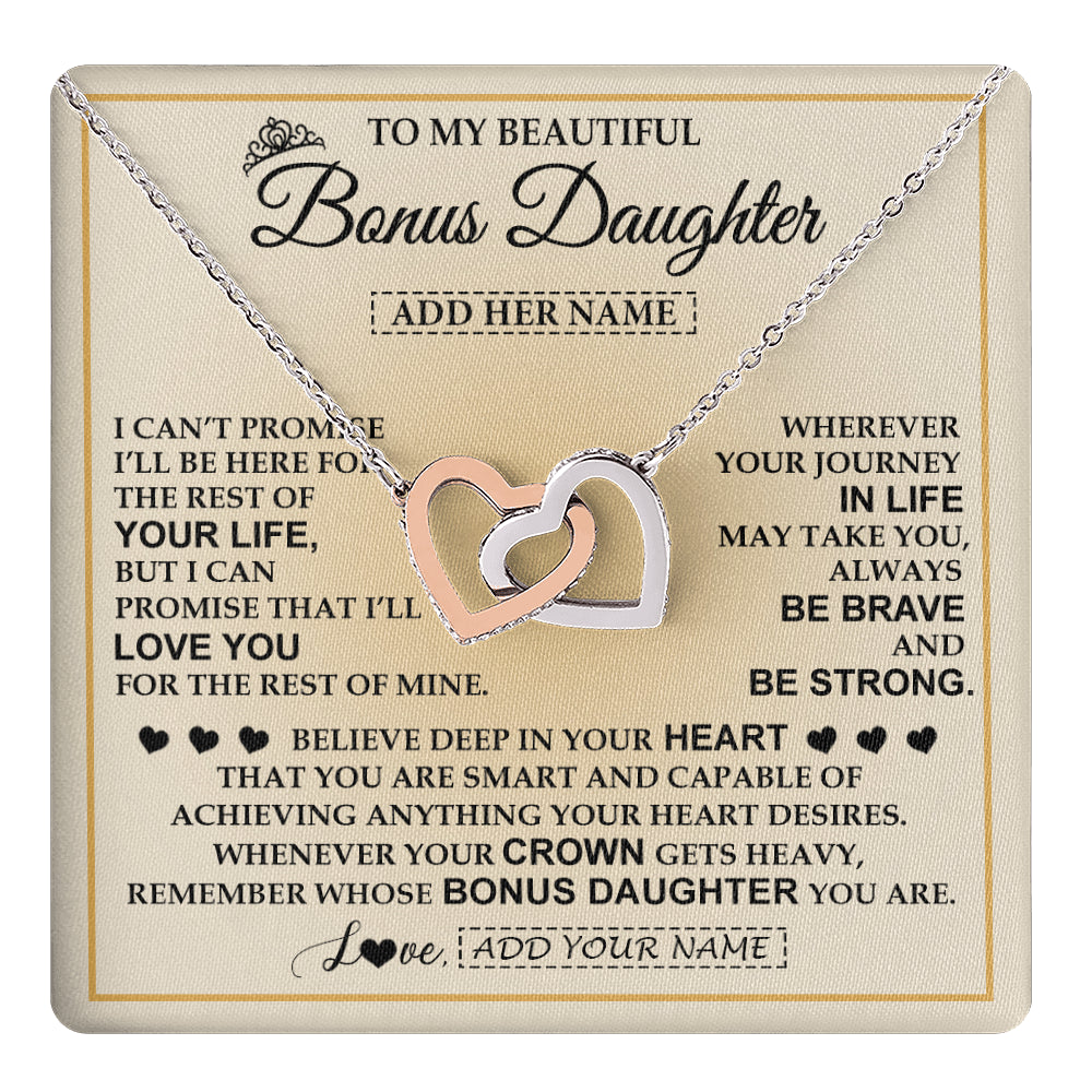 Interlocking Hearts Necklace Stainless Steel & Rose Gold Finish | 1 | Personalized To My Beautiful Bonus Daughter Necklace Jewelry Present For Women Stepddaughter Birthday Mother's Day Wedding Day Christmas Gift Box Message Card | teecentury