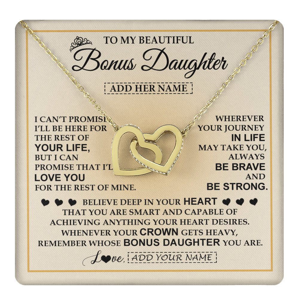 Interlocking Hearts Necklace 18K Yellow Gold Finish | 1 | Personalized To My Beautiful Bonus Daughter Necklace Jewelry Present For Women Stepddaughter Birthday Mother's Day Wedding Day Christmas Gift Box Message Card | teecentury