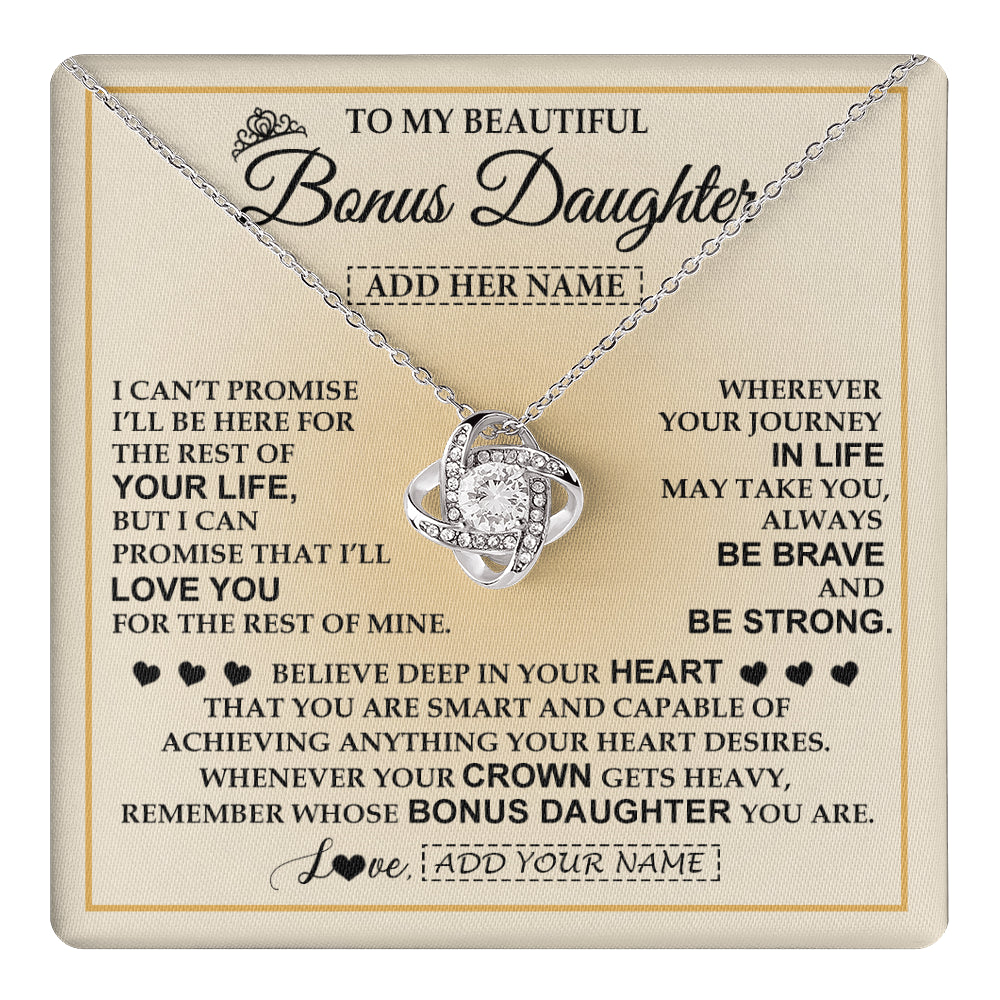 Love Knot Necklace 14K White Gold Finish | 1 | Personalized To My Beautiful Bonus Daughter Necklace Jewelry Present For Women Stepddaughter Birthday Mother's Day Wedding Day Christmas Gift Box Message Card | teecentury