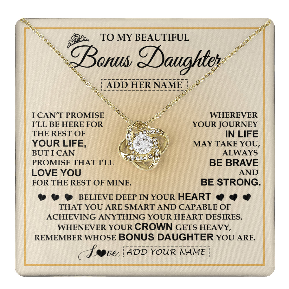 Love Knot Necklace 18K Yellow Gold Finish | 1 | Personalized To My Beautiful Bonus Daughter Necklace Jewelry Present For Women Stepddaughter Birthday Mother's Day Wedding Day Christmas Gift Box Message Card | teecentury