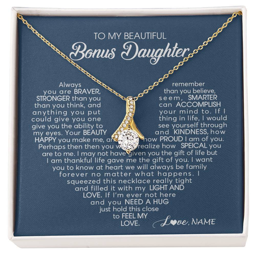Alluring Beauty Necklace 18K Yellow Gold Finish | Personalized To My Beautiful Bonus Daughter Necklace Need A Hug Just Hold This Stepdaughter Pendant Jewelry Birthday Christmas Customized Gift Box Message Card | teecentury