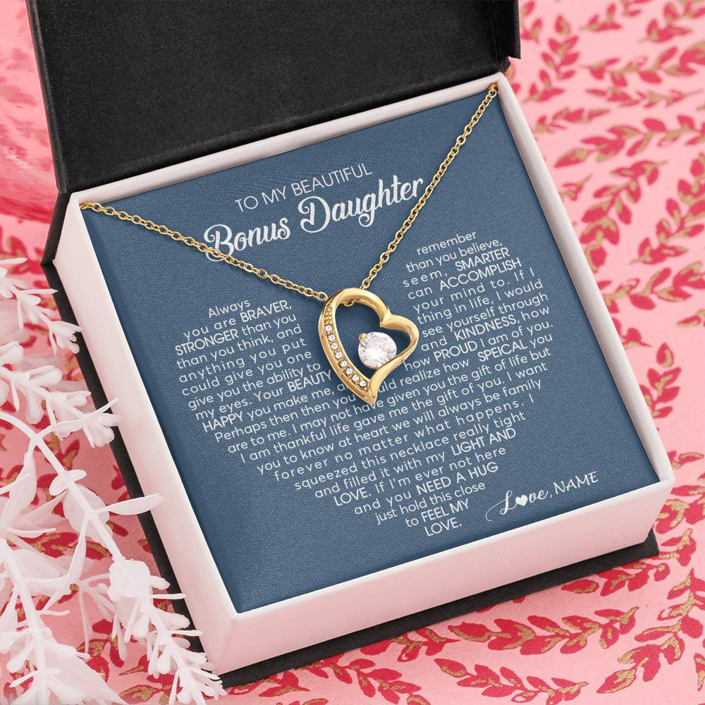 Forever Love Necklace 18K Yellow Gold Finish | Personalized To My Beautiful Bonus Daughter Necklace Need A Hug Just Hold This Stepdaughter Pendant Jewelry Birthday Christmas Customized Gift Box Message Card | teecentury