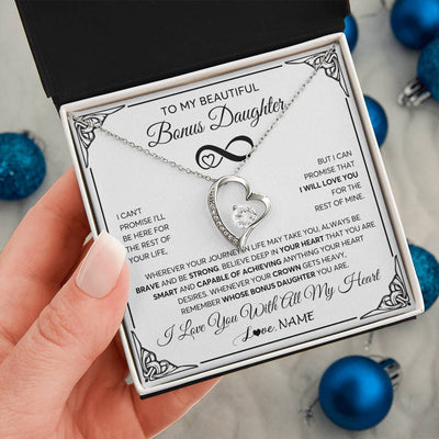Forever Love Necklace 14K White Gold Finish | 2 | Personalized To My Beautiful Bonus Daughter Necklace Women Girls From Stepdad Mom Love You Stepddaughter Birthday Christmas Customized Gift Box Message Card | teecentury