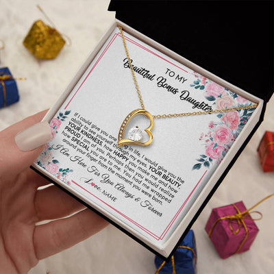 Forever Love Necklace 18K Yellow Gold Finish | 2 | Personalized To My Beautiful Bonus Daughter Necklace from Stepmother I Am Here For You Floral Stepdaughter Birthday Christmas Customized Gift Box Message Card | teecentury