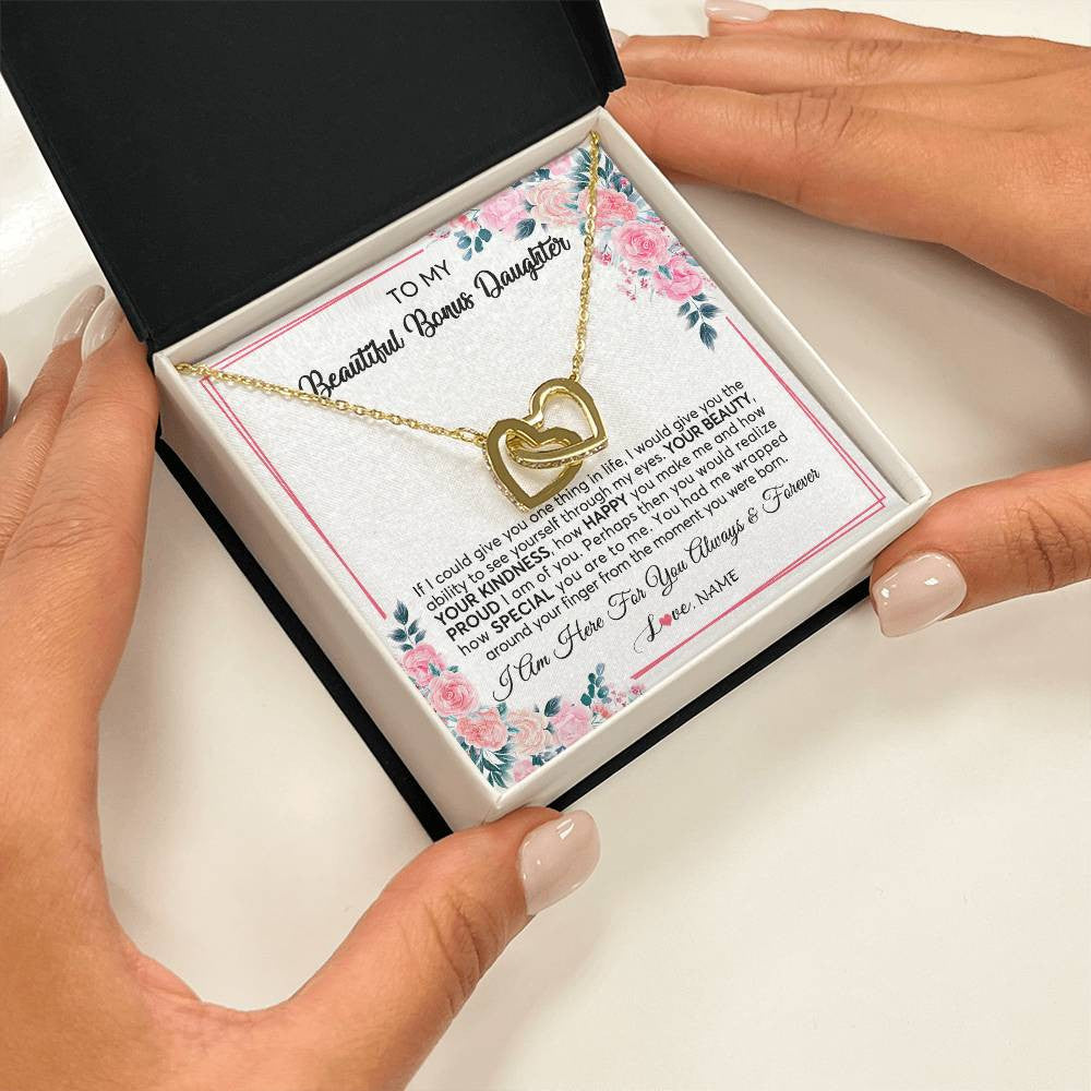 Interlocking Hearts Necklace 18K Yellow Gold Finish | 2 | Personalized To My Beautiful Bonus Daughter Necklace from Stepmother I Am Here For You Floral Stepdaughter Birthday Christmas Customized Gift Box Message Card | teecentury