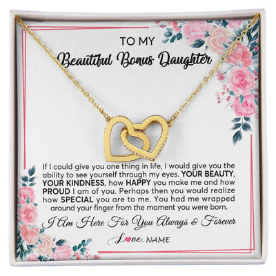 Interlocking Hearts Necklace 18K Yellow Gold Finish | 1 | Personalized To My Beautiful Bonus Daughter Necklace from Stepmother I Am Here For You Floral Stepdaughter Birthday Christmas Customized Gift Box Message Card | teecentury