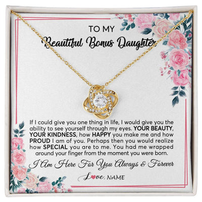 Love Knot Necklace 18K Yellow Gold Finish | 1 | Personalized To My Beautiful Bonus Daughter Necklace from Stepmother I Am Here For You Floral Stepdaughter Birthday Christmas Customized Gift Box Message Card | teecentury