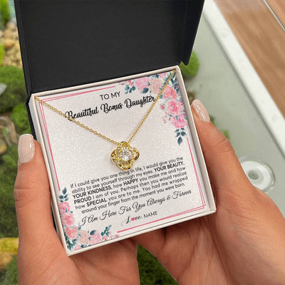Love Knot Necklace 18K Yellow Gold Finish | 2 | Personalized To My Beautiful Bonus Daughter Necklace from Stepmother I Am Here For You Floral Stepdaughter Birthday Christmas Customized Gift Box Message Card | teecentury