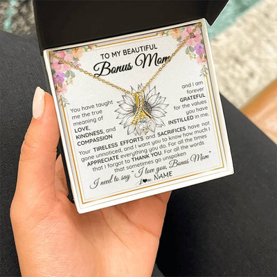 Alluring Beauty Necklace 18K Yellow Gold Finish | Personalized To My Beautiful Bonus Mom From Step Daughter Son Necklace Say I Love You Stepmom Birthday Mothers Day Christmas Customized Gift Box Message Card | teecentury