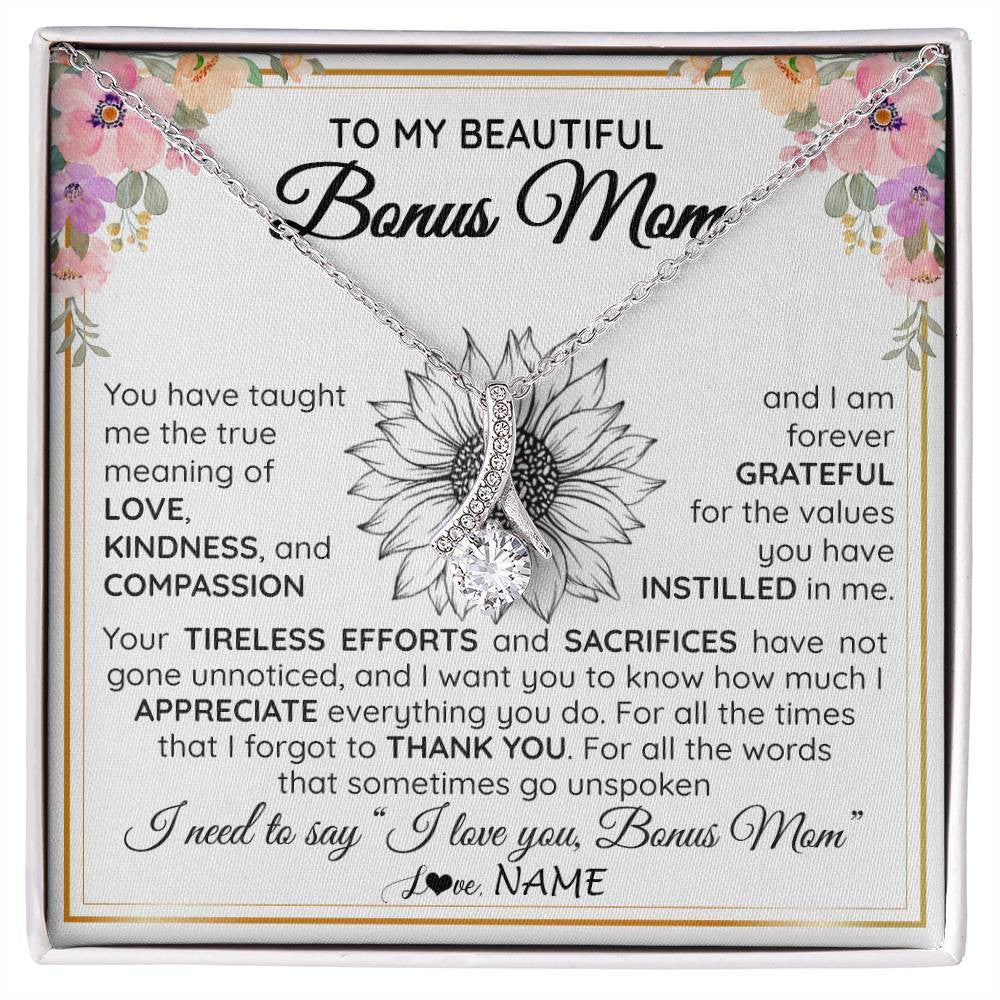 Alluring Beauty Necklace 14K White Gold Finish | Personalized To My Beautiful Bonus Mom From Step Daughter Son Necklace Say I Love You Stepmom Birthday Mothers Day Christmas Customized Gift Box Message Card | teecentury