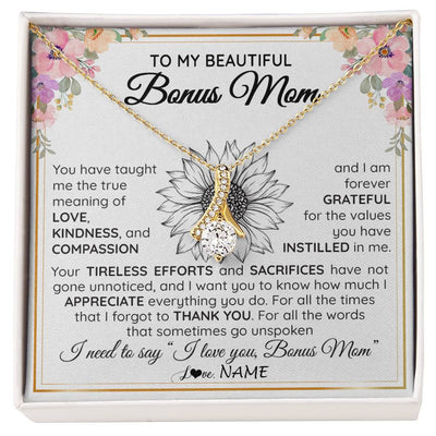 Alluring Beauty Necklace 18K Yellow Gold Finish | Personalized To My Beautiful Bonus Mom From Step Daughter Son Necklace Say I Love You Stepmom Birthday Mothers Day Christmas Customized Gift Box Message Card | teecentury