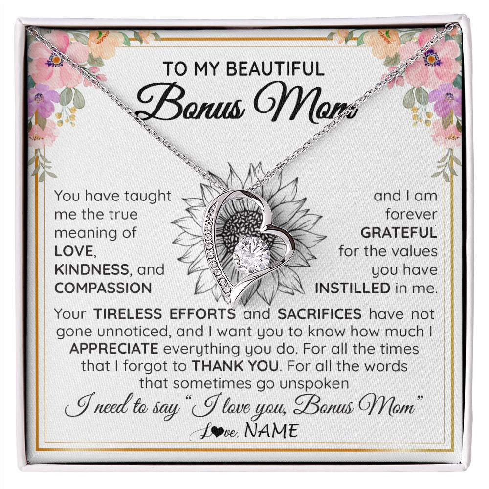 Forever Love Necklace 14K White Gold Finish | Personalized To My Beautiful Bonus Mom From Step Daughter Son Necklace Say I Love You Stepmom Birthday Mothers Day Christmas Customized Gift Box Message Card | teecentury