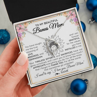 Forever Love Necklace 14K White Gold Finish | Personalized To My Beautiful Bonus Mom From Step Daughter Son Necklace Say I Love You Stepmom Birthday Mothers Day Christmas Customized Gift Box Message Card | teecentury