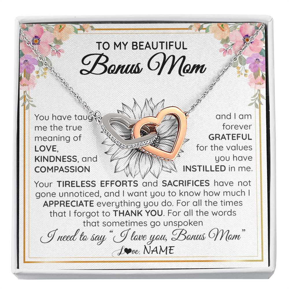 Interlocking Hearts Necklace Stainless Steel & Rose Gold Finish | Personalized To My Beautiful Bonus Mom From Step Daughter Son Necklace Say I Love You Stepmom Birthday Mothers Day Christmas Customized Gift Box Message Card | teecentury