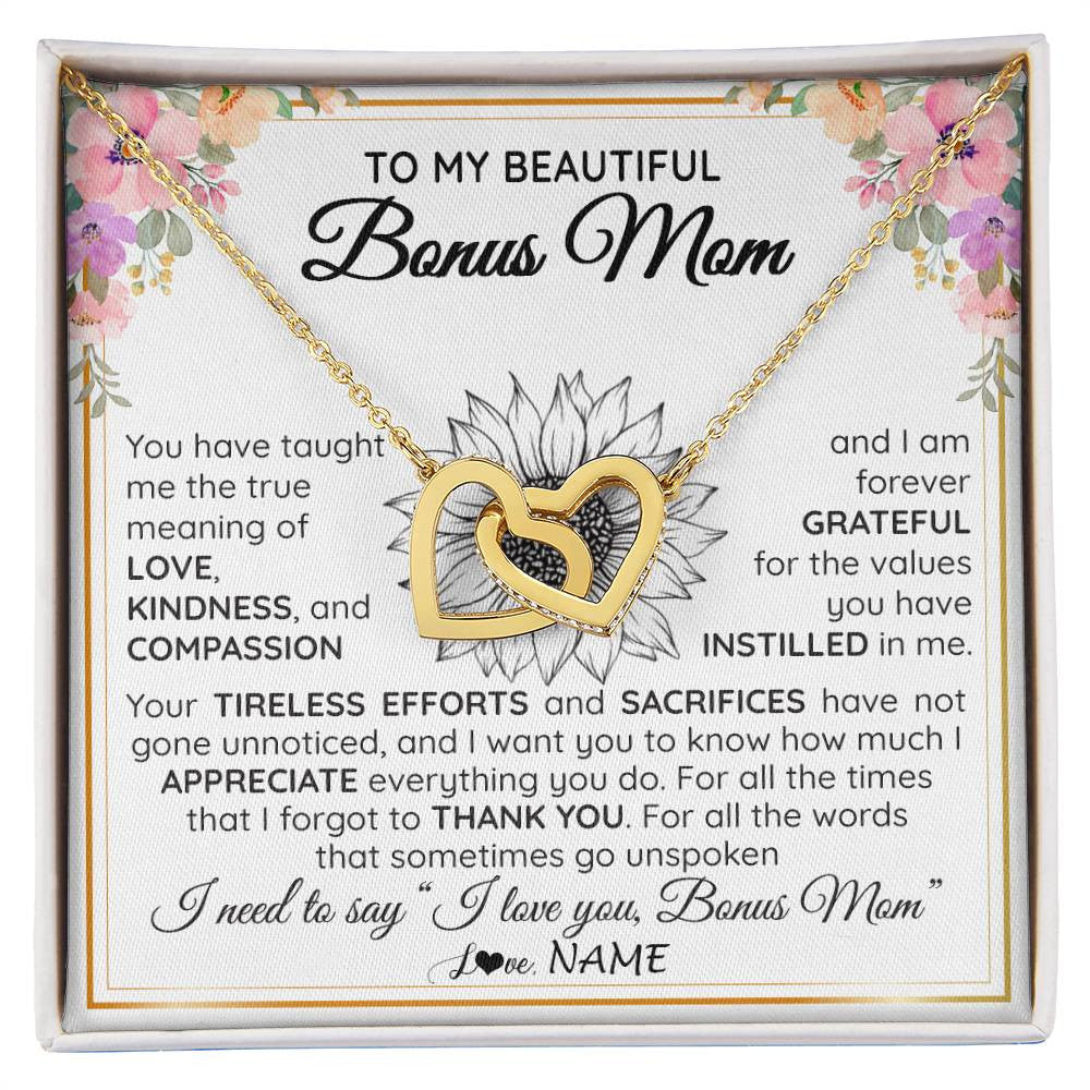 Interlocking Hearts Necklace 18K Yellow Gold Finish | Personalized To My Beautiful Bonus Mom From Step Daughter Son Necklace Say I Love You Stepmom Birthday Mothers Day Christmas Customized Gift Box Message Card | teecentury