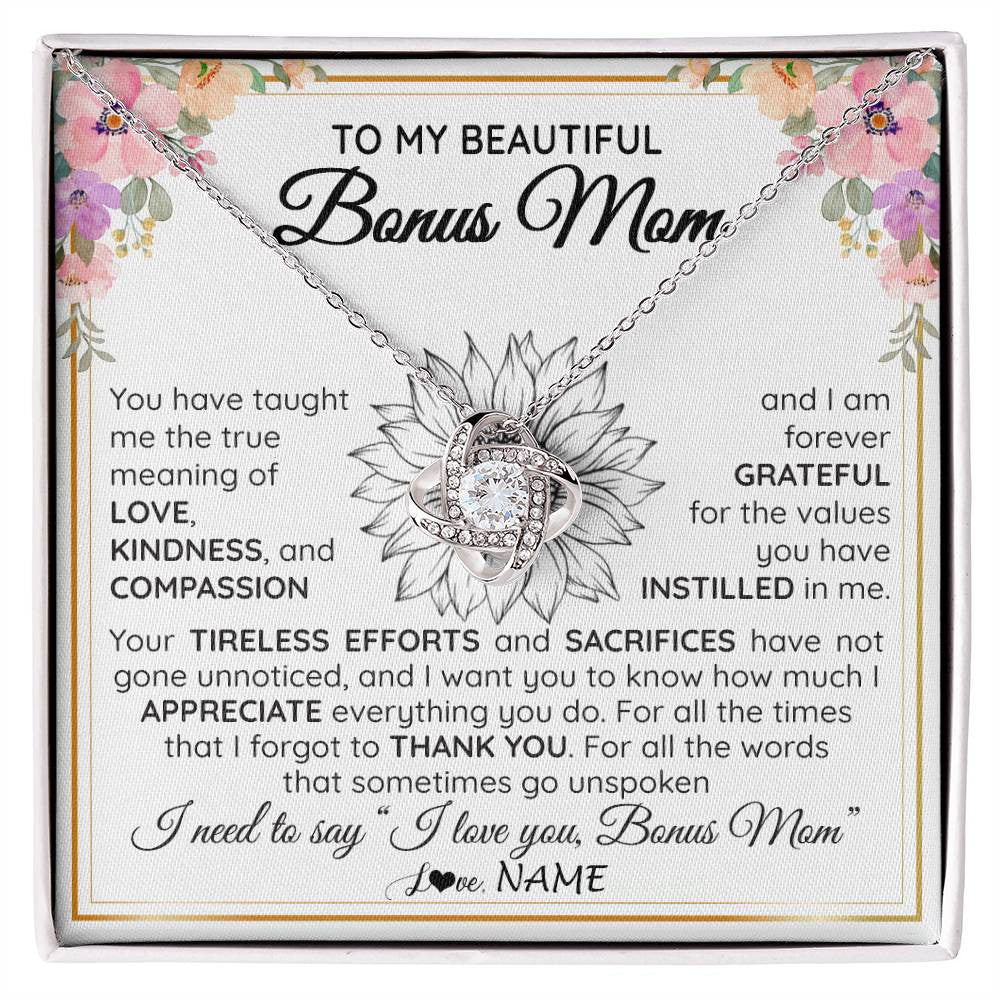 Love Knot Necklace 14K White Gold Finish | Personalized To My Beautiful Bonus Mom From Step Daughter Son Necklace Say I Love You Stepmom Birthday Mothers Day Christmas Customized Gift Box Message Card | teecentury