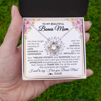 Love Knot Necklace 14K White Gold Finish | Personalized To My Beautiful Bonus Mom From Step Daughter Son Necklace Say I Love You Stepmom Birthday Mothers Day Christmas Customized Gift Box Message Card | teecentury