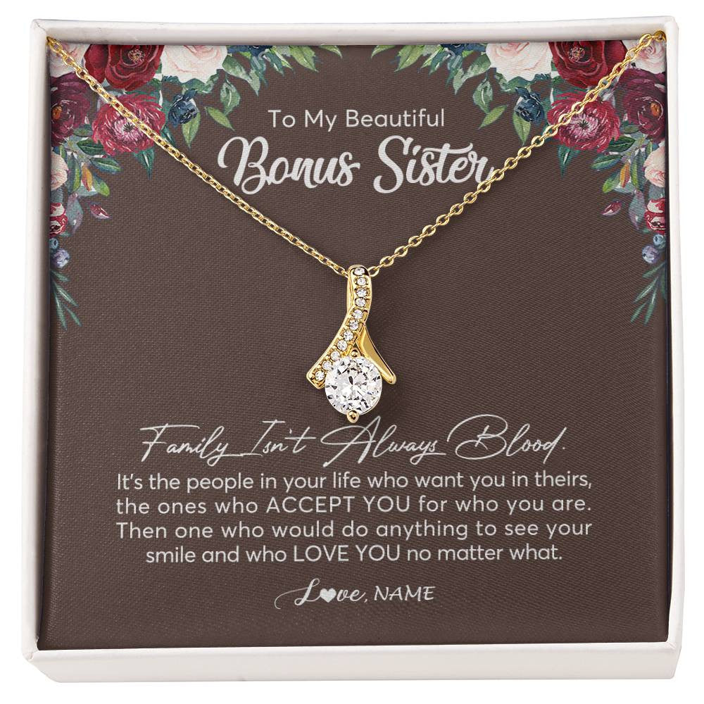 Alluring Beauty Necklace 18K Yellow Gold Finish | Personalized To My Beautiful Bonus Sister Necklace Family Itn't Always Blood Sister In Law Jewelry Birthday Wedding Christmas Customized Gift Box Message Card | teecentury