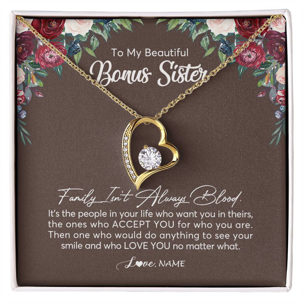 Forever Love Necklace 18K Yellow Gold Finish | Personalized To My Beautiful Bonus Sister Necklace Family Itn't Always Blood Sister In Law Jewelry Birthday Wedding Christmas Customized Gift Box Message Card | teecentury