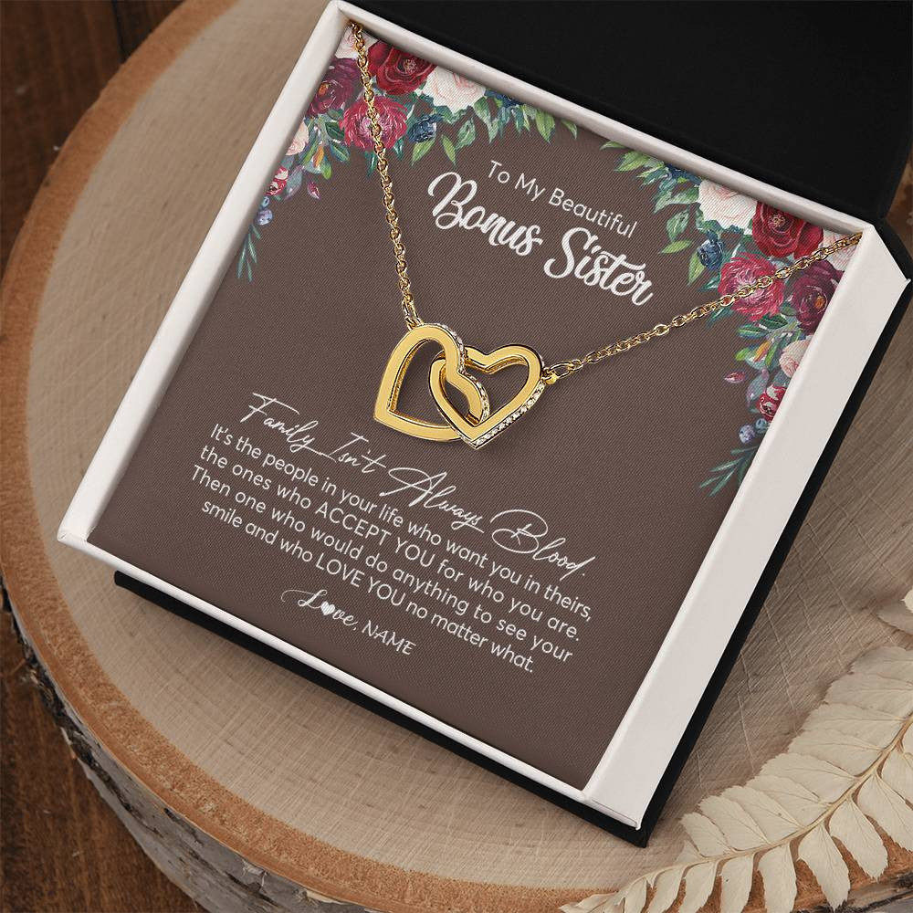 Interlocking Hearts Necklace 18K Yellow Gold Finish | Personalized To My Beautiful Bonus Sister Necklace Family Itn't Always Blood Sister In Law Jewelry Birthday Wedding Christmas Customized Gift Box Message Card | teecentury