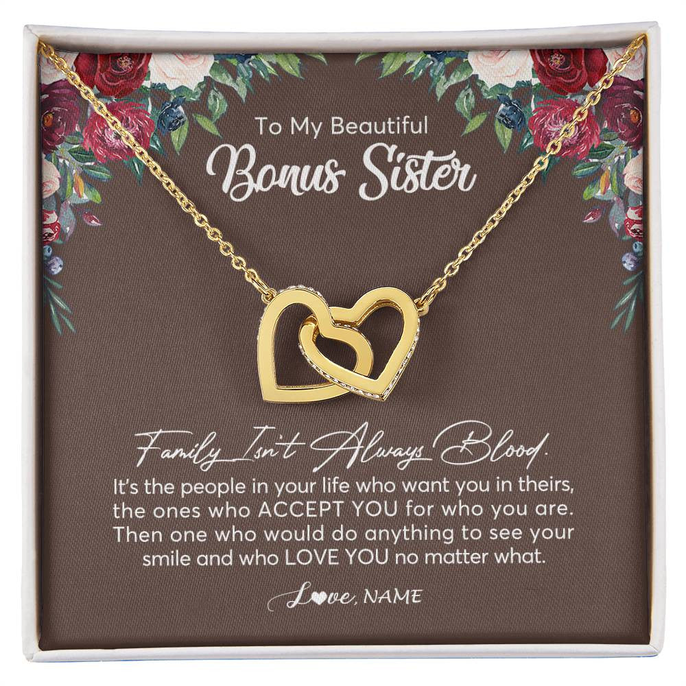 Interlocking Hearts Necklace 18K Yellow Gold Finish | Personalized To My Beautiful Bonus Sister Necklace Family Itn't Always Blood Sister In Law Jewelry Birthday Wedding Christmas Customized Gift Box Message Card | teecentury