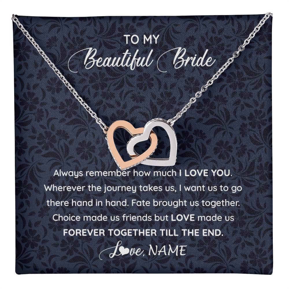 Interlocking Hearts Necklace Stainless Steel & Rose Gold Finish | 1 | Personalized To My Beautiful Bride Necklace Groom To Future Wife From Husband On My Wedding Day Customized Gift Box Message Card | teecentury