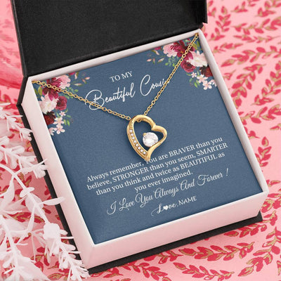 Forever Love Necklace 18K Yellow Gold Finish | Personalized To My Beautiful Cousin Necklace From Family Braver Stronger Smarter Cousin Pendant Jewelry Birthday Graduation Christmas Customized Message Card | teecentury