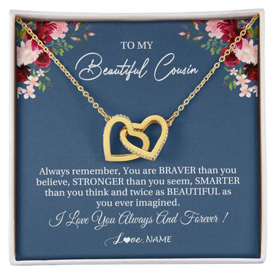 Interlocking Hearts Necklace 18K Yellow Gold Finish | Personalized To My Beautiful Cousin Necklace From Family Braver Stronger Smarter Cousin Pendant Jewelry Birthday Graduation Christmas Customized Message Card | teecentury