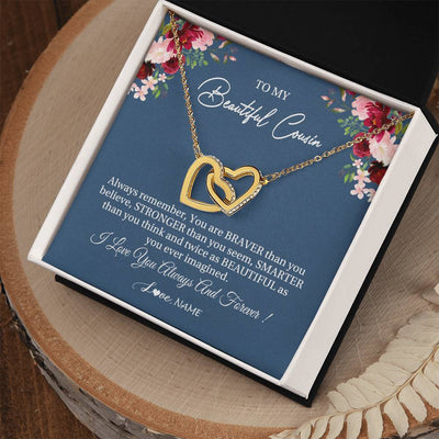 Interlocking Hearts Necklace 18K Yellow Gold Finish | Personalized To My Beautiful Cousin Necklace From Family Braver Stronger Smarter Cousin Pendant Jewelry Birthday Graduation Christmas Customized Message Card | teecentury