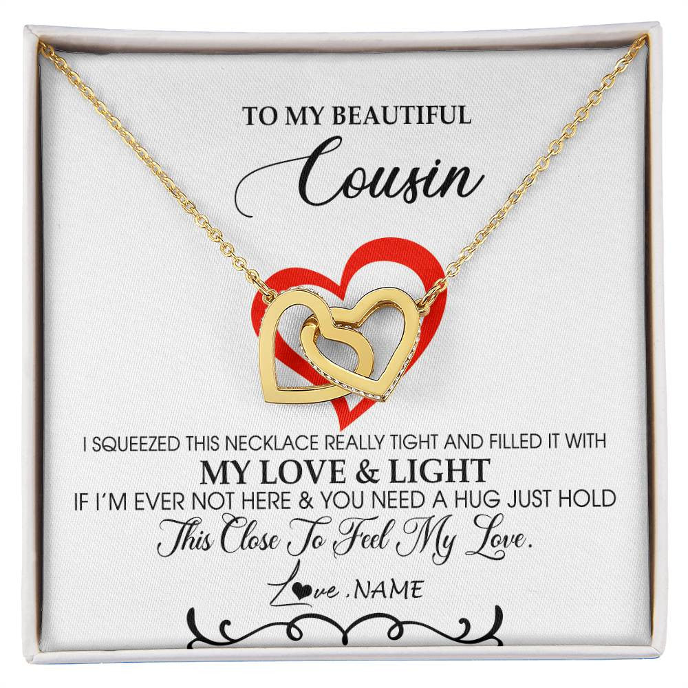 Interlocking Hearts Necklace 18K Yellow Gold Finish | Personalized To My Beautiful Cousin Necklace From Family Filled With My Love and Light Cousin Pendant Jewelry Birthday Christmas Customized Message Card | teecentury