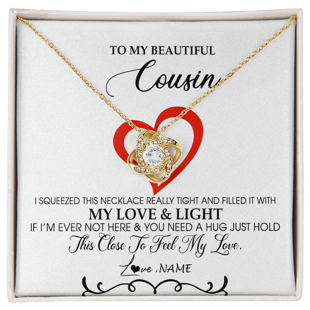 Love Knot Necklace 18K Yellow Gold Finish | Personalized To My Beautiful Cousin Necklace From Family Filled With My Love and Light Cousin Pendant Jewelry Birthday Christmas Customized Message Card | teecentury