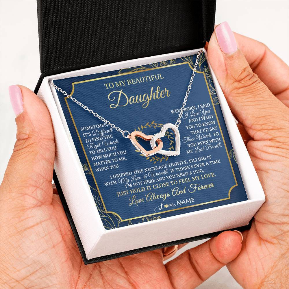Interlocking Hearts Necklace Stainless Steel & Rose Gold Finish | 2 | Personalized To My Beautiful Daughter From Mom Dad Mother I Gripped This Necklace Daughter Jewelry Birthday Gifts Christmas Customized Gift Box Message Card | teecentury